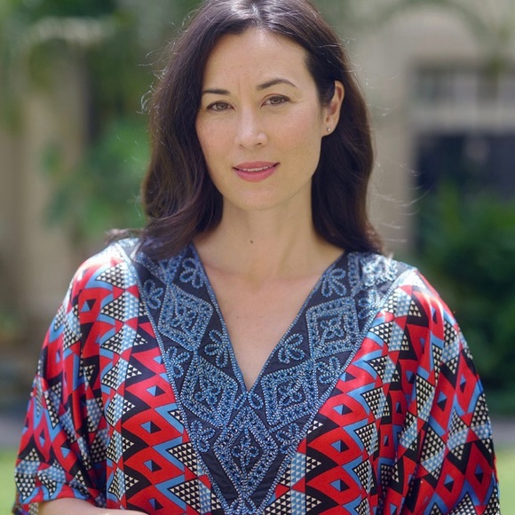 💋NWT💋 LAST ONE WINLAR V-Neck Ethnic Print Embroidered Neckline Long Satin Kaftan - Picture 2 of 4